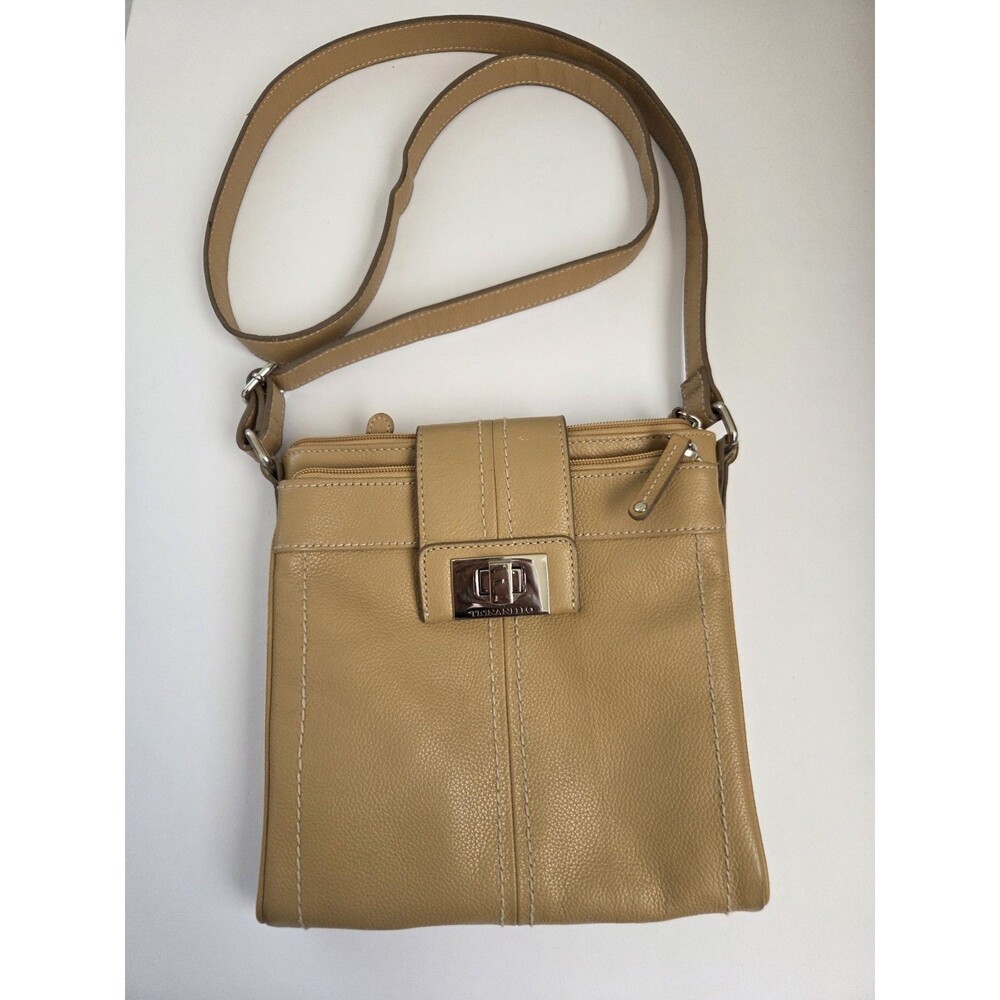 Tignanello Tan Genuine Leather Multi Pocket Organizer Crossbody Bag Shoulder